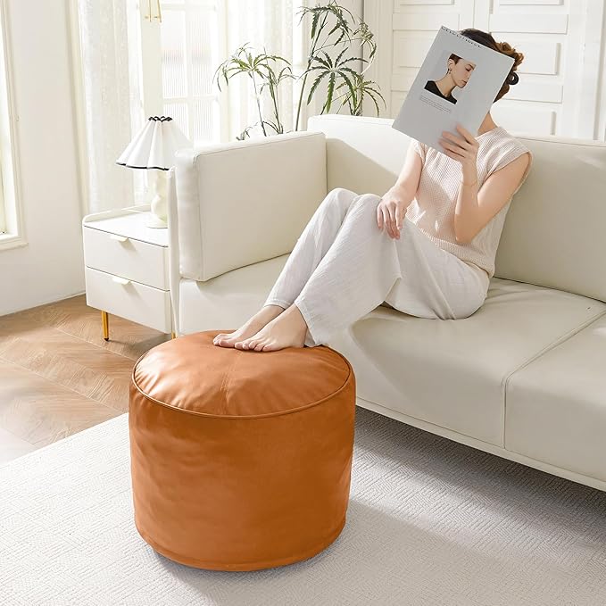HIGOGOGO Round Stuffed Pouf Ottoman, Pu Leather Poufs with Foam Chunk Filling, Furry and Fluffy Pouf Foot Stool Storage Ottoman, 20 X 15 Floor Poufs Foot Rest for Living Room, Orange