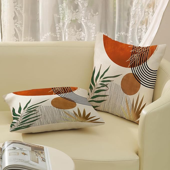 Boho Pillow Covers 20x20 Set of 2 Green Gold Orange Throw Pillows Tropical Leaves Sunset Modern Mid Century Decorative Pillowcase Outdoor Bohemian Linen Cushion Case for Couch Sofa Bed Decor