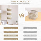 TeoKJ Over the Door Hanging Basket, 3-Tier Woven Cotton Wall-Mounted Storage Organizer Bag Decorative Hanging Kitchen Baskets - White + Jute