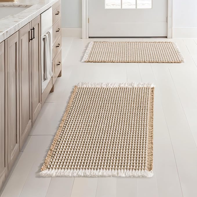 MIULEE Set of 2 Waffle Bathroom Rugs, Boho Bath Rugs Non Slip Washable, Super Absorbent Bath Mats, Ultra Soft Rubber Backed Shower Mats for Bathroom Floor, Tub, Brown & White, 17x24 Inch