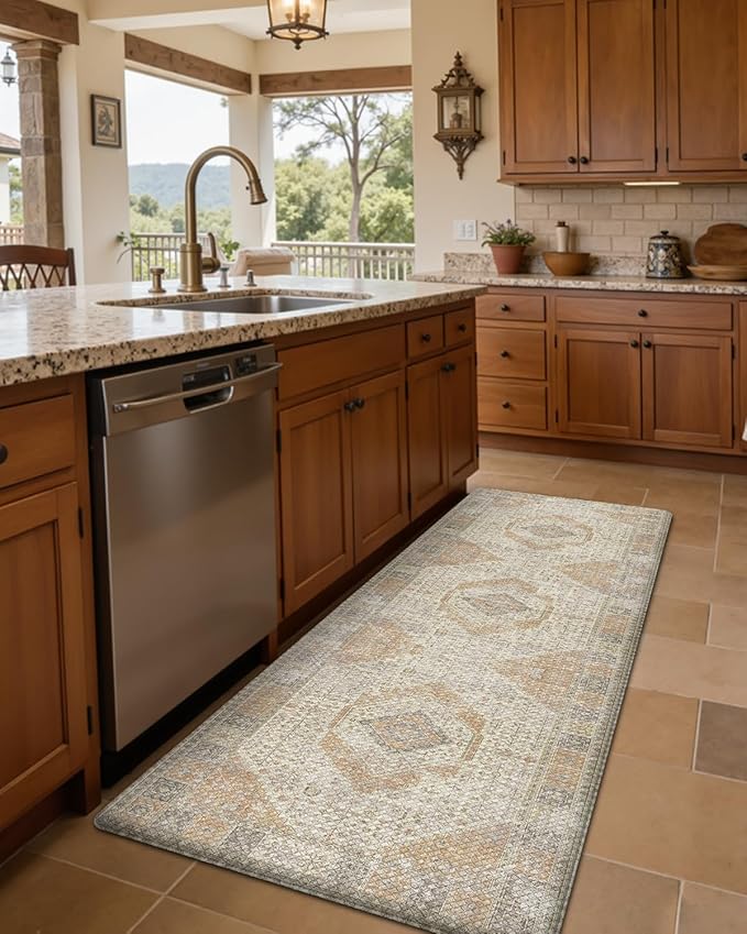 DEXI Kitchen Floor Mats Anti Fatigue, 23x59 Large Cushioned Vintage Runner Rug Waterproof, Standing Comfort Memory Foam Padded for Front Sink Laundry Office, Beige and Light Orange
