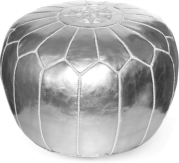 Stuffed Round Design Moroccan Faux Leather Pouf Ottoman, Handmade, Pre-Filled, 13” Height x 20” Diameter, Footstool & Living Room Décor (Metallic Silver)