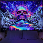 Lahasbja Blacklight Skull Tapestry UV Reactive Galaxy Mountain Planet Tapestries Magic Neon River Wall Hanging Aesthetic Skeleton Wall Decor Forest Trees Landscape Backdrop for Living Room