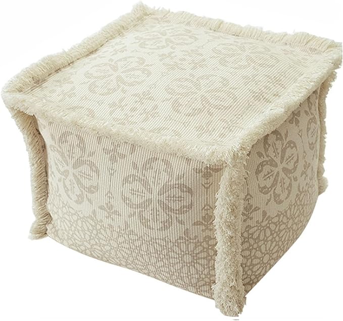 MOCOFO Boho Pouf Cover Unstuffed Square Ottoman Pouf Chair,Home Decor Pouf Cover(White,40x40x30cm)