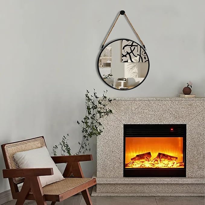 POZINO Round Mirror, 15" Rope Hanging Mirror, Farmhouse Circle Mirrors, Black Metal Frame Wall Mirrors for Bathroom, Bedroom, Living Room, Entryway, Fireplace, Home Decor