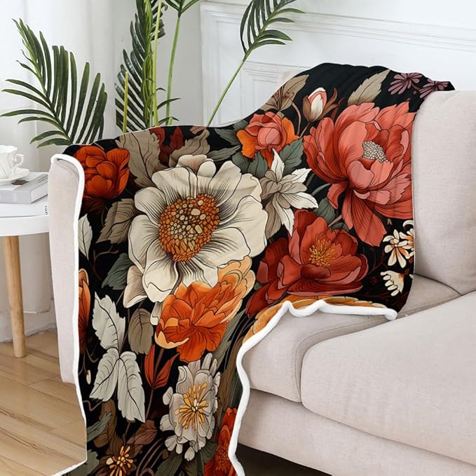 Boho Floral Throw Blanket Colorful Bohemian Flowers Decorative Soft Warm Cozy Blanket Plush Throws Blankets for Women Girls Kids Couch Travel 60 x 80 Inch