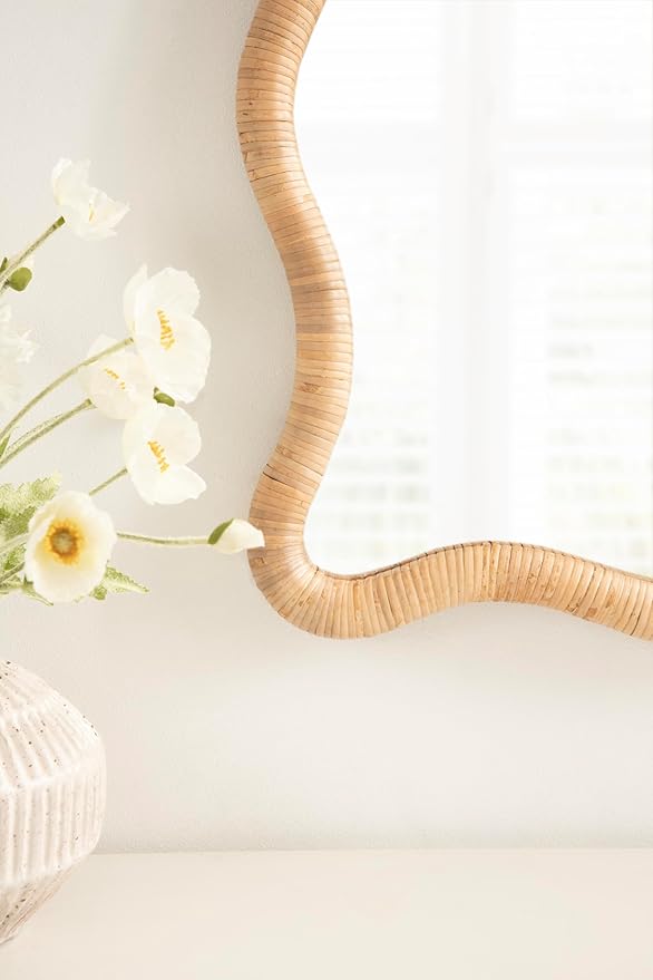 Kate and Laurel Rahfy Boho Scalloped Rectangle Rattan Wall Mirror, 24 x 36, Natural Wood, Decorative Rectangular Wavy Mirror with Authentic Rattan Frame for Bathroom Mirror Decor