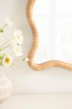 Kate and Laurel Rahfy Boho Scalloped Rectangle Rattan Wall Mirror, 24 x 36, Natural Wood, Decorative Rectangular Wavy Mirror with Authentic Rattan Frame for Bathroom Mirror Decor