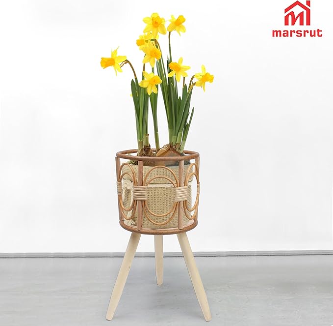 Rattan Plant Stand, Wicker Plants Baskets Indoor, Small, Cute Handmade Woven Wooden Planter with Legs, Boho Style Hollow Flowers Display Rack Straw Standing Floor Stool Shelf for Pot Holder Outdoor Decorations