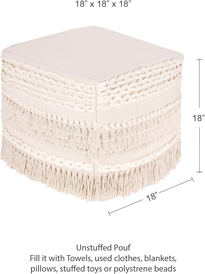 REDEARTH · UNSTUFFED Pouf Ottoman Cover Boho Textured Storage Cube Poof, Farmhouse Accent Pouffe Footrest for Living Room, Bedroom, Nursery, kidsroom, Nook; 100% Cotton (18x18x18; Natural)