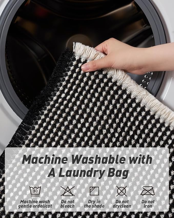 AMOAMI Upgraded Waffle Bath Mat, Super Absorbent Non Slip Bath Mats for Bathroom Floor, Machine Washable Bathroom Rugs with Tassels, Rubber Backed Bathroom Mats, Ultra Soft, 20" x 32",Black & Cream