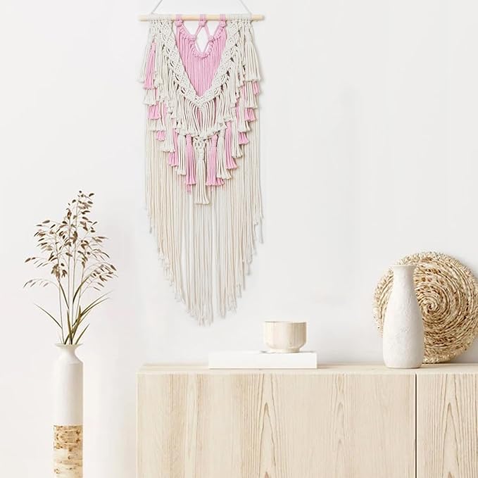 HVEST Pink Macrame Wall Hanging Boho Wall Decor Pink and Beige Tassel Woven Tapestry for Bedroom, Bohemian Tapestry for Girl Kids Room Living Room Nursery Dorm Wall Art Decor, 27L X 13W inches