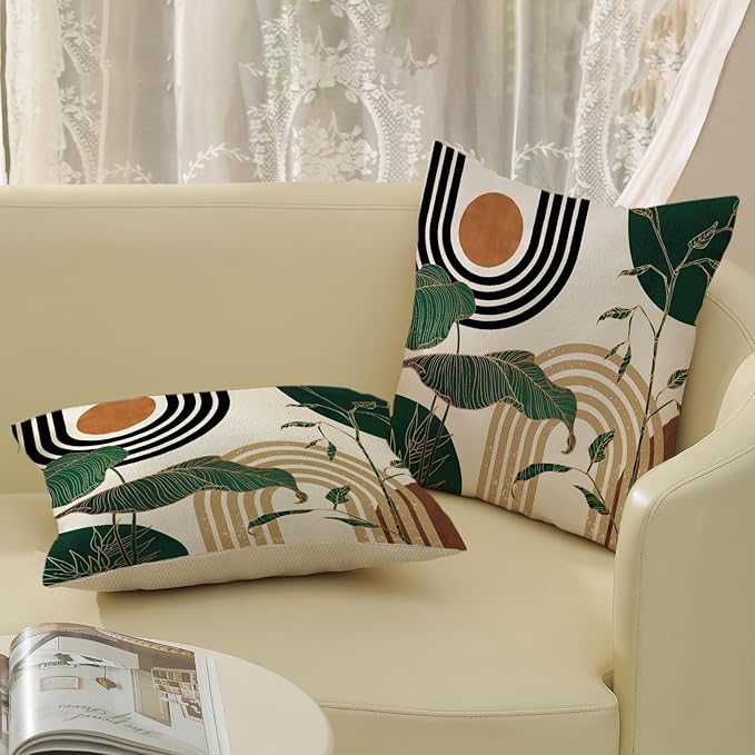 Boho Green Pillow Covers 18x18 Set of 2 Green Gold Leaf Tropical Mid Century Throw Pillows Outdoor Bohemian Modern Decorative Pillowcase Farmhouse Linen Cushion Case for Couch Sofa Decor