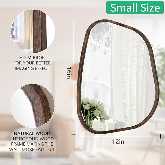 Asymmetrical Accent Mirror for Wall Irregular Oval Wood Frame Modern Unique Wall Mirrors Decorative Boho Vanity Bathroom Living Room Bedroom Entryway Hallway Artistic Wavy Mirror Small 16"x12"