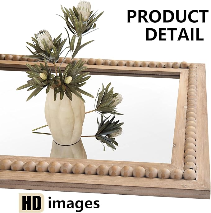H HOMEWINS Rustic Rectangle Mirror,22x30 Wooden Farmhouse Mirrors,Boho Bathroom Wall-Mounted Nature Beads Decor Mirror for Bedroom, Living Room,Vanity,Entryway,Over Sink