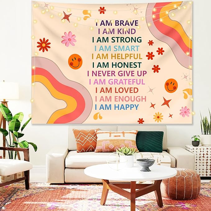 KJHL Rainbow Motivational Tapestry Wall Hanging Quote Positive Affirmations Saying Inspirational Classroom Tapestries Aesthetic Boho Kids Room Decor for Bedroom Living Room Dorm (44" x 60")
