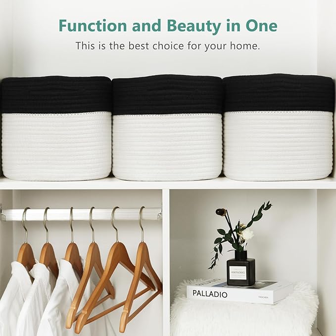 Cotton Rope Storage Basket, 15x10x9 Inches, Woven Basket for Shelves, Clothes, Towels, Books, and Laundry, Black/White (1 Pack)
