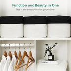 Cotton Rope Storage Basket, 15x10x9 Inches, Woven Basket for Shelves, Clothes, Towels, Books, and Laundry, Black/White (2 Pack)