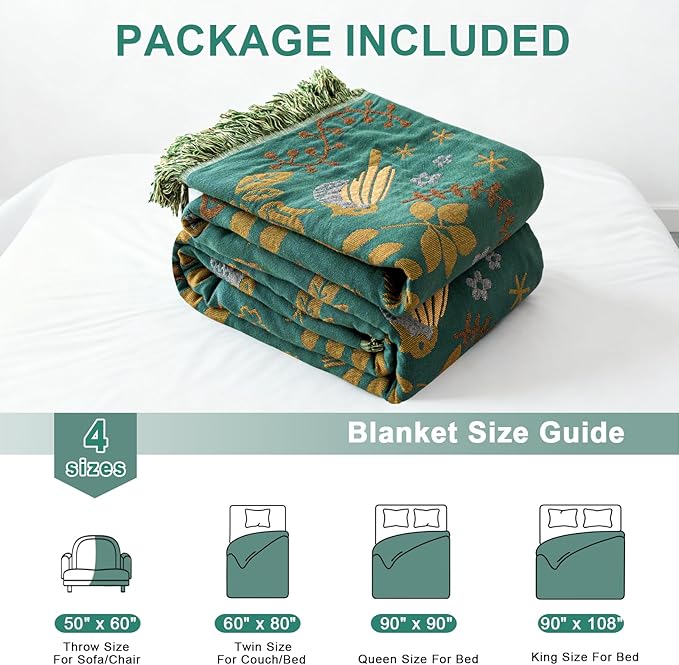 Boho Throw Blanket 60"x80", Soft Cozy 100% Cotton Blanket for Bed, Spring Blankets with Floral Bird Farmhouse Decor Breathable Lightweight King Size All Season