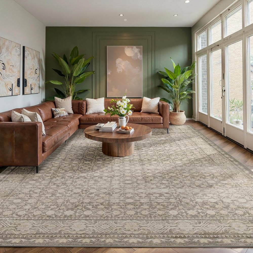 9x12 Washable Area Rug for Living Room, Extra Large Neutral Vintage Boho Rugs for Dining Room, Kids Room, Farmhouse, Durable Low Pile Non Slip Carpet for High Traffic Areas, Apricot - color: Apricot, size: 9' x 12' (Rectangular)