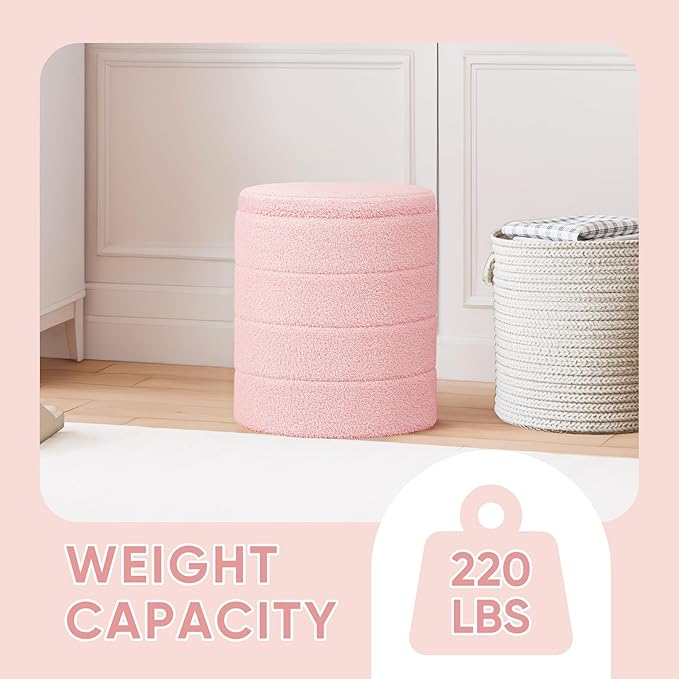 PINPLUS Round Storage Ottoman Foot Rest Stool with Tray Velvet Sherpa Folding Storage Ottoman,Boucle Foot Rest for Living Room, Bedroom, Dorm（Pink）