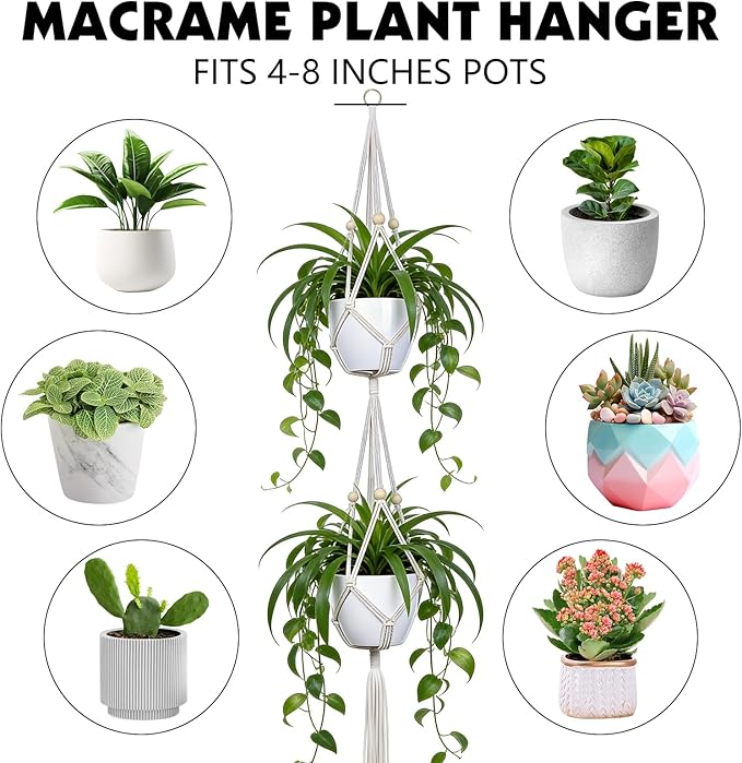 Macrame Plant Hanger, 2 Pack 50 Inch Hanging Plant Holder Indoor Outdoor Hanging Planter Basket with Hooks for Living Rooms, Balcony, Hallway, Kitchen, or Office