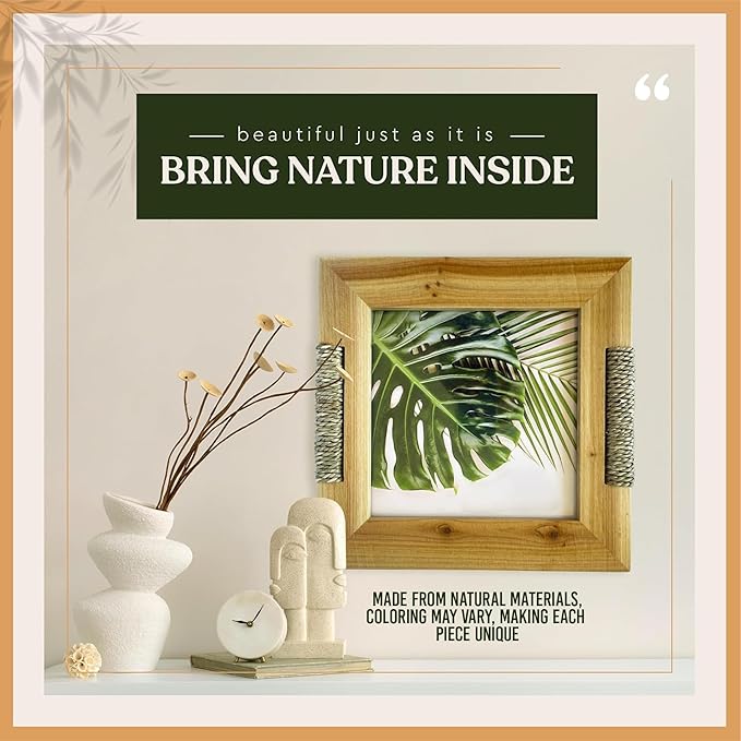 Boho Picture Frame with Wicker Accents | Lightweight Wooden Frame for 8x8 Photo or Artwork Bohemian, Coastal or Biophilic Style for Wall & Tabletop | All Natural Wood & Seagrass | Golden Brown