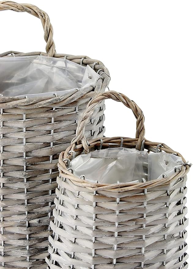 AuldHome Design Wall Hanging Baskets (Set of 2, Gray); Woven Wicker Rustic Farmhouse Gray Washed Door Baskets, Small and Medium Size