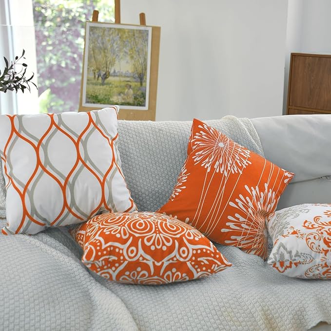 Coliuso Decorative Throw Pillow Covers 20x20 inch Set of 4,Orange and White Modern Simple Square Pillow Case Cushion Cover for Sofa Couch Farmhouse Outdoor Living Room