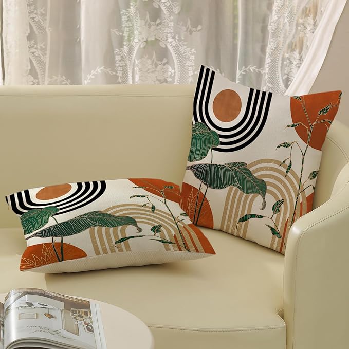 Boho Orange Pillow Covers 18x18 Set of 2 Green Gold Leaf Tropical Mid Century Throw Pillows Outdoor Bohemian Modern Decorative Pillowcase Farmhouse Linen Cushion Case for Couch Sofa Decor