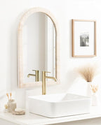 Kate and Laurel Rahfy Boho Arched Rattan Mirror, 20 x 30, White, Decorative Arch Wall Mirror with Authentic Rattan Frame for Vanity Bathroom Mirror