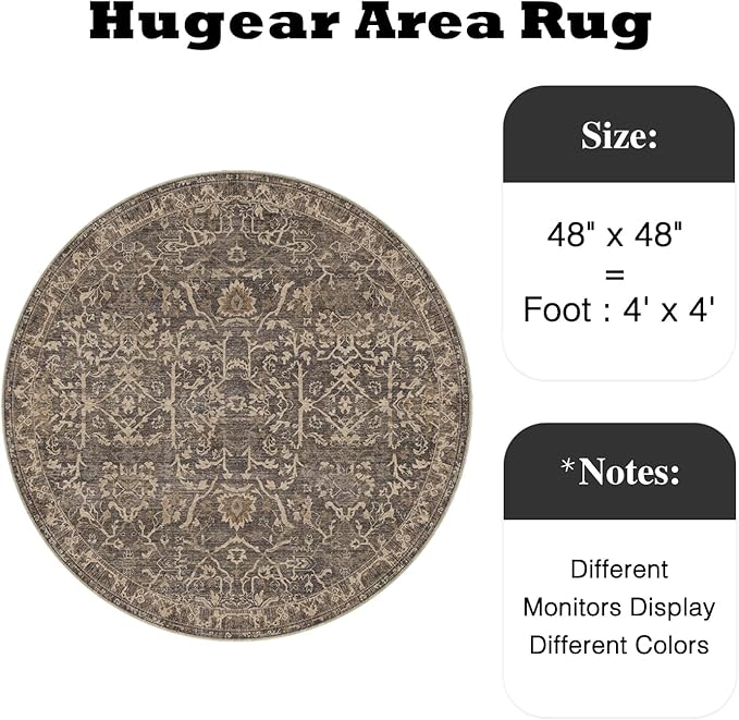HUGEAR Round Rug 4ft Entryway Rugs Machine Washable Retro Brown Hallway Area Rug 4x4 Small Circle Vintage Rug Floral Low Pile Carpet Soft Throw Rug Living Room Office Laundry Room Entrance Non Slip