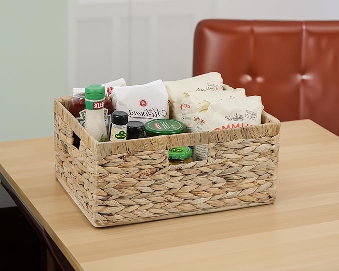 Large Wicker Basket, 15" Water Hyacinth Wicker Storage Baskets for Organizing, Rectangular Storage Baskets for Shelves, Rattan Woven Basket with Built-in Handles, 1 Pack (Natural, Large)