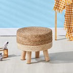 Wimarsbon Round Foot Stool Natural Seagrass Poufs Ottoman Hand Weave Footrest Stool for Couch Desk Extra Seat Step Stool with Solid Wood Legs for Hallway Patio Lounge White