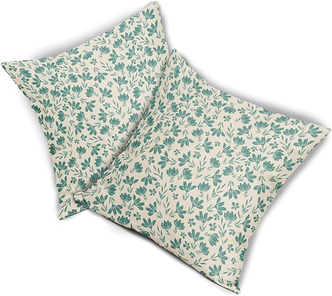 Aqua Floral Pillow Covers 18x18 Set of 2 Vintage Rustic Old Style Cute Small Flower Teal Cream Print Decorative Outdoor Pillowcases Farmhouse Throw Cushion Case Decor for Couch Sofa Bed