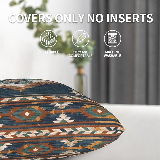 Southwest Aztec Western Pillow Covers 20x20 Set of 2, Native American Blue Throw Pillow Covers Outdoor Decorative Pillow Case for Couch Bed Sofa Cushion Home Decor