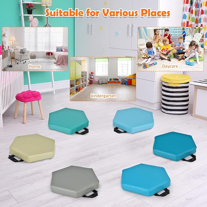 HONEY JOY 6PCS Floor Cushions for Kids, 15 Inch Flexible Alternative Portable Classroom Seating with Handles, Easy to Clean, Thick Soft Foam Hexagon Comfy Seats for Daycare Preschool (Hexagon, Blue)