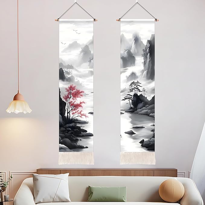 AOHMPT Pack of 2 Long Vertical Tapestry,Nature Landscape Tapestry with Serene Mountain River, Moon & Sun Motifs,Traditional Ink Painting Wall Art,Zen Aesthetic Wall Hanging for Living Room Bedroom Decor 13" W x 51" H"