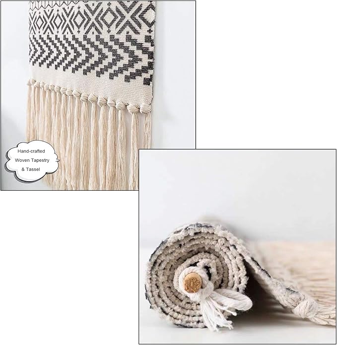 Macrame Woven Wall Tapestry Hanging Art, 20x34 Large Boho Chic Bohemian Morocco Black White Diamond Rhombus Geometric Tapestries Decor for Apartment Dorm Kids Living Room Bedroom Door Entrance