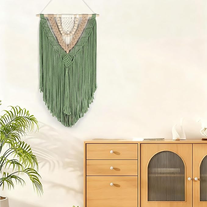 HVEST Macrame Woven Wall Hanging Handmade Boho Tapestry Green Home Decor, Bohemian Tapestry Aesthetic Wall Decoration for Bedroom Living Room Apartment Nursery Backdrop
