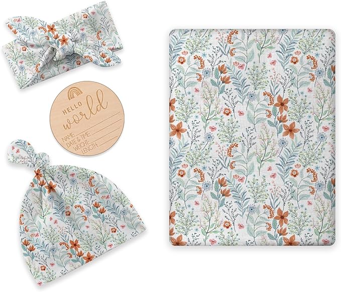 Newborn Swaddle Set with Matching Hat and Bow Set, Floral Baby Girl Newborn Receiving Blankets Baby Swaddle Nursery Wildflower Baby Blanket, Wooden Birth Announcement Card
