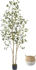 Artificial Eucalyptus Tree, 8ft Large Fake Silk Leaves Eucalyptus Plant with Basket, 96” Faux Tree for Home Office Livingroom Floor Decor Indoor Outdoor