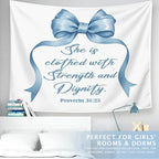 LIANGW Light Blue Bible Verse Christian Wall Tapestry – Proverbs 31 Bible Blue Bow Aesthetic for Girls Bedroom or Dorm Room,Faith-Based Blue Room Decor Aesthetic, 50x60 Inch