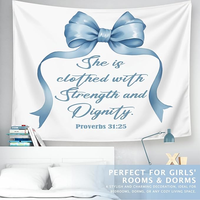 LIANGW Light Blue Bible Verse Christian Wall Tapestry – Proverbs 31 Bible Blue Bow Aesthetic for Girls Bedroom or Dorm Room,Faith-Based Blue Room Decor Aesthetic, 50x60 Inch