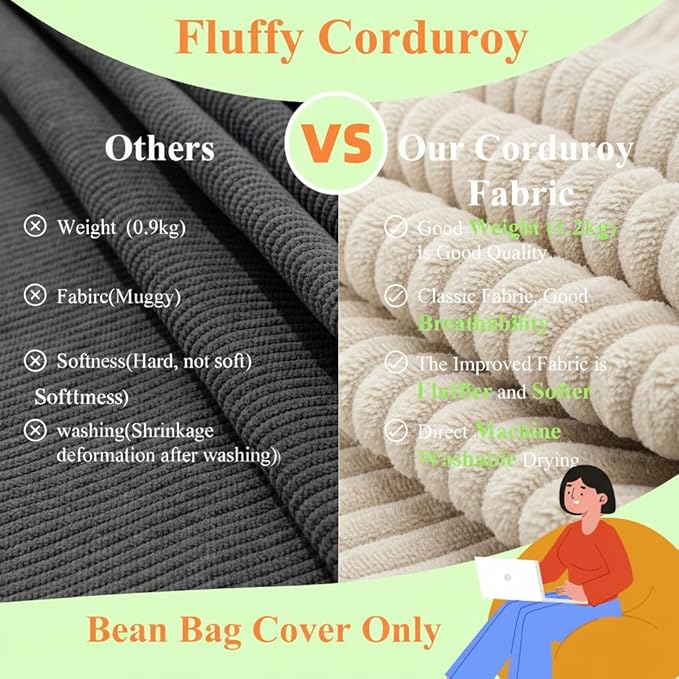 Stuffed Animal Storage Bean Bag Chair Cover, Cover Only (No Filler), Corduroy Toy Organizer Floor Cushion Seat, 48 in/120 cm Slipcover for Teens & Adults, White