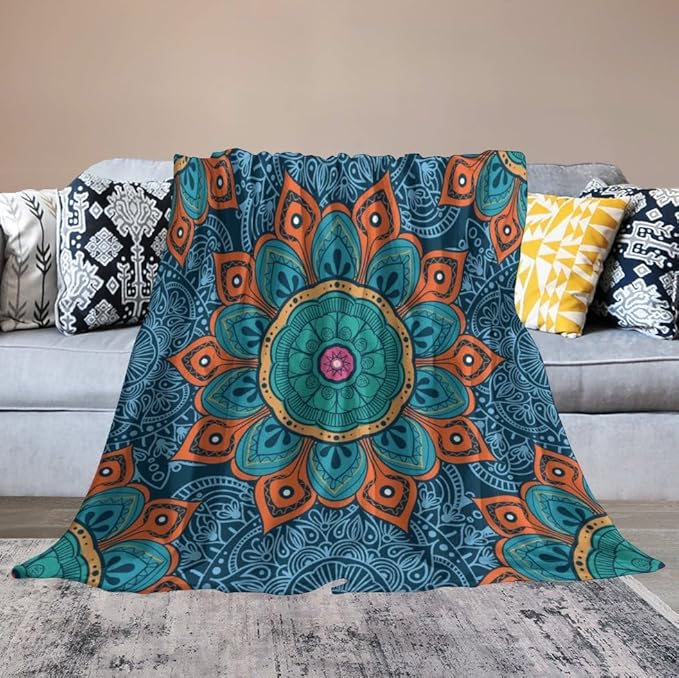 Abstract Mandala Throw Blanket Indian Hippie Bohemian Art Floral Texture Pattern Blanket for Sofa Bed Couch Chair Or Dorm 70"x80"