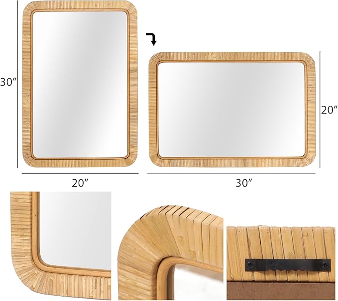 FUIN 20" x 30" Rattan Wicker Rectangle Wall Mounted Bathroom Mirror for Coastal Boho Nursery Decor, Natural