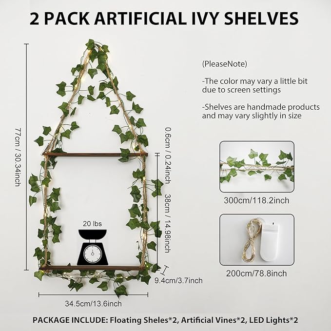 Artilady 2 Pack Artificial Ivy Macrame Hanging Shelves with Lights Boho Wall Decor, 2 Tier Wood Flaoting Shelf Plant Storage Rack for Bedroom Bathroom Living Room Nursery