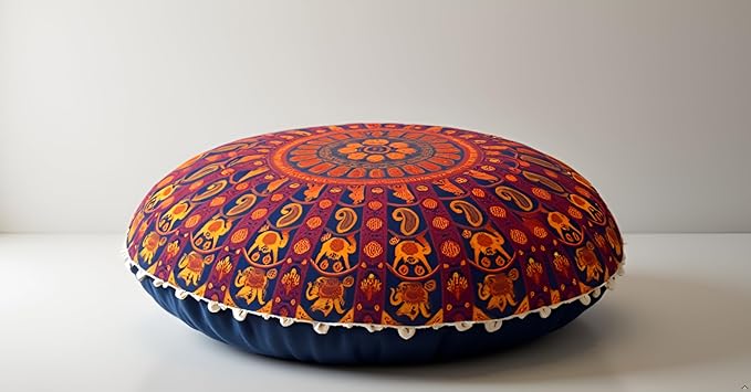 CRAFT KALA 22" Mandala Meditation Floor Pillows Pouf Cover Round Seating Bohemian Mandala Cotton Floor Cushion Cover Outdoor Fireplace Seating Living Room Yoga Room Home Décor Multi Elephant Camel