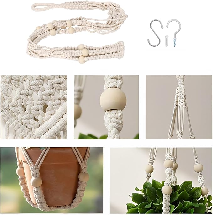 Macrame Plant Hanger Indoor, 23" No Tassel Hanging Plant Holder, Sturdy Flower Pot Holder with 2 Hooks - Ivory (Pot NOT Included)
